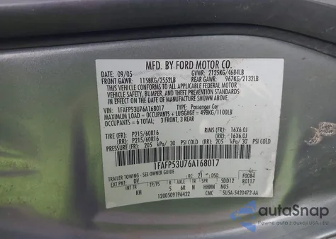 2006 Ford Taurus Se from USA, damaged, VIN 1FAFP53U76A168017